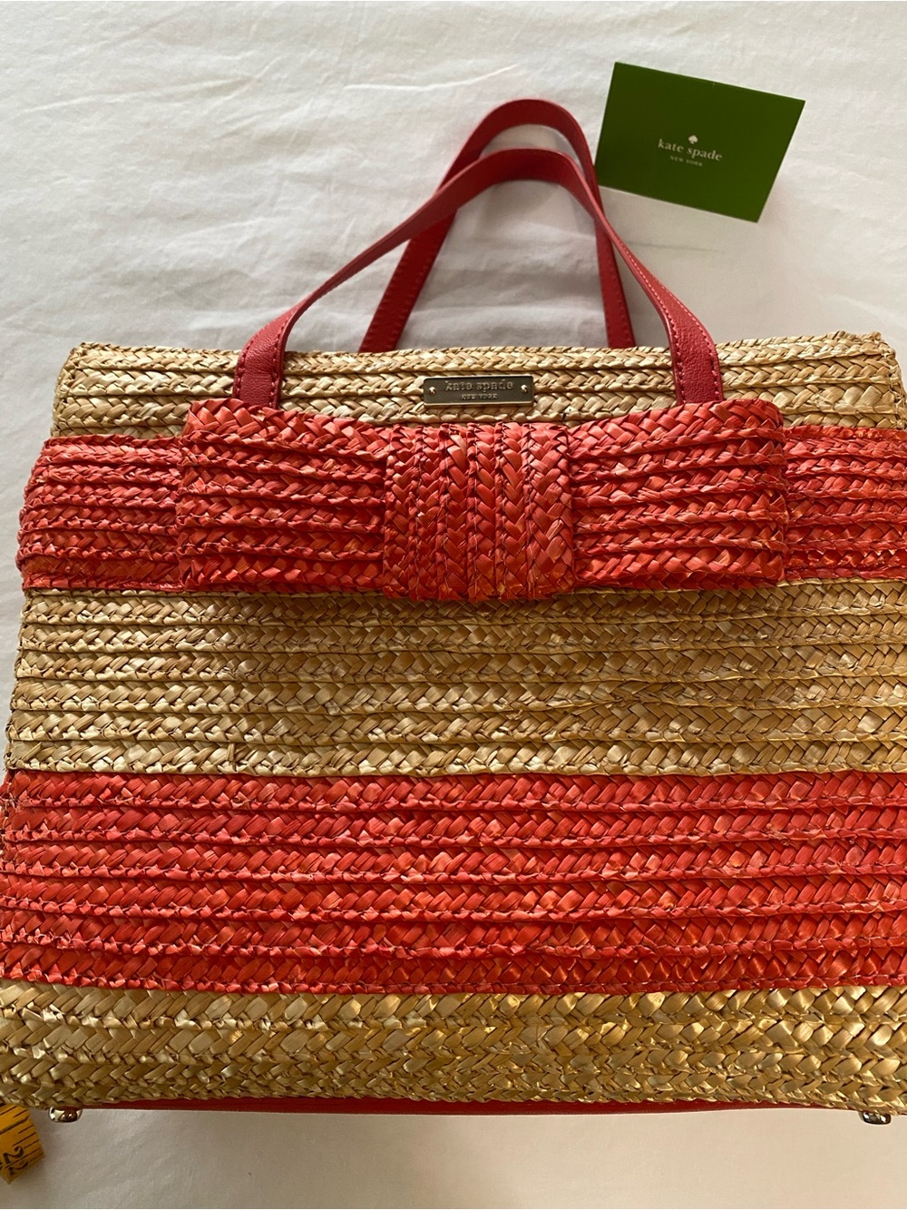 kate spade Red and Natural Straw Bow-Accent Tote